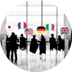 The photo shows the silhouettes of people of different nationalities. Above the heads are the respective flags. It is about : cultural misunderstanding vs. understanding the role of unique language in business